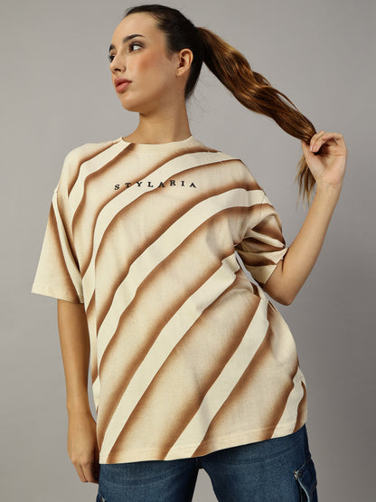 BEIGE OVERSIZED LINE TEXTURE T-SHIRT - STYLARIA