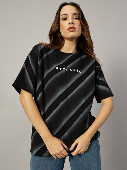 BLACK OVERSIZED LINE TEXTURE T-SHIRT - STYLARIA