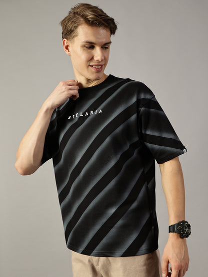 BLACK OVERSIZED TEXTURE LINE T-SHIRT - STYLARIA