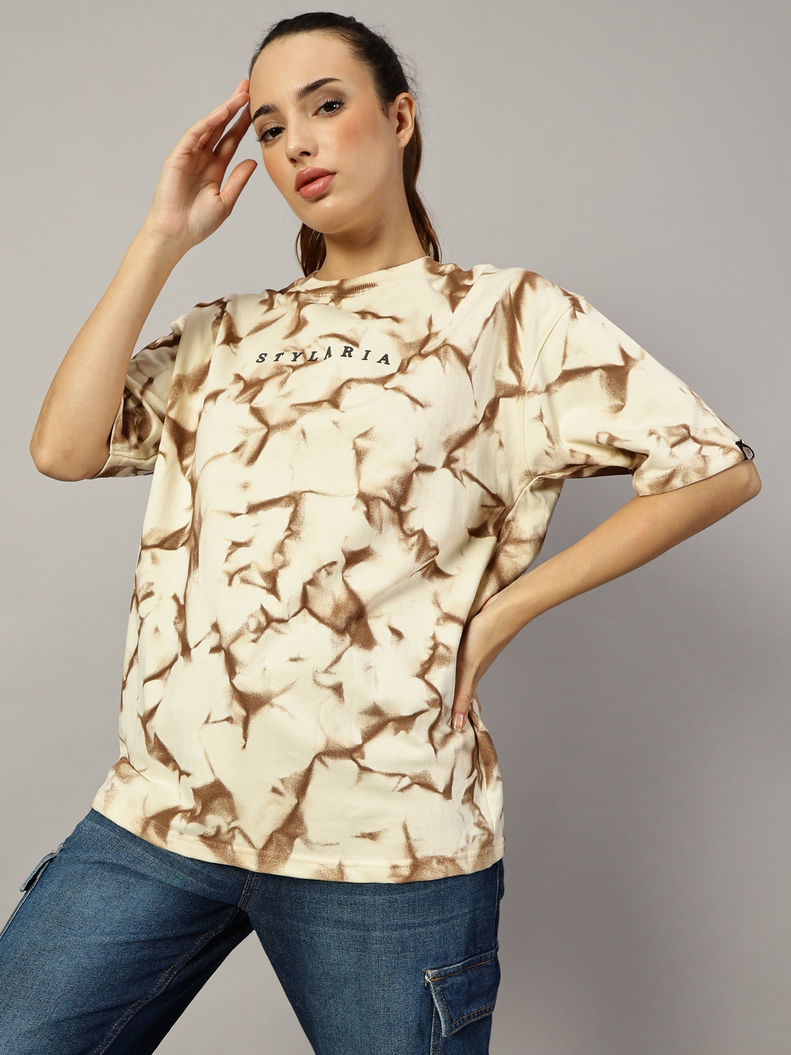 BEIGE OVERSIZED CRUSHED TEXTURE T-SHIRT - STYLARIA