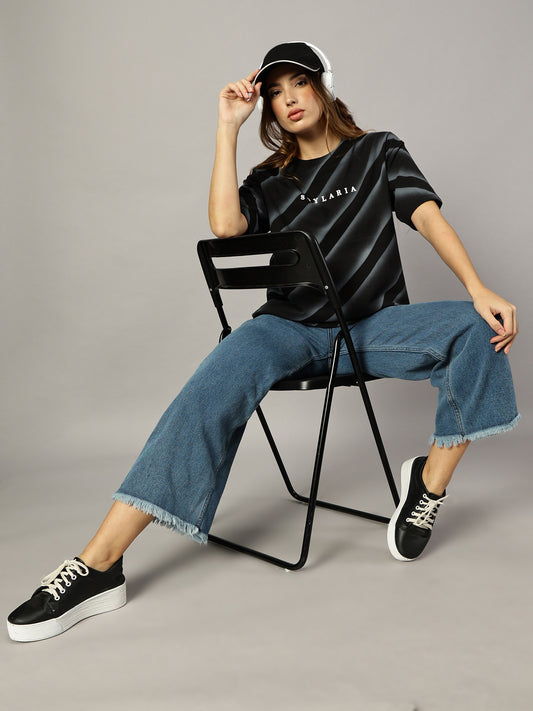 BLACK OVERSIZED LINE TEXTURE T-SHIRT - STYLARIA