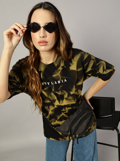 BLACK CRUSHED YELLOW TEXTURE OVERSIZED T-SHIRT - STYLARIA