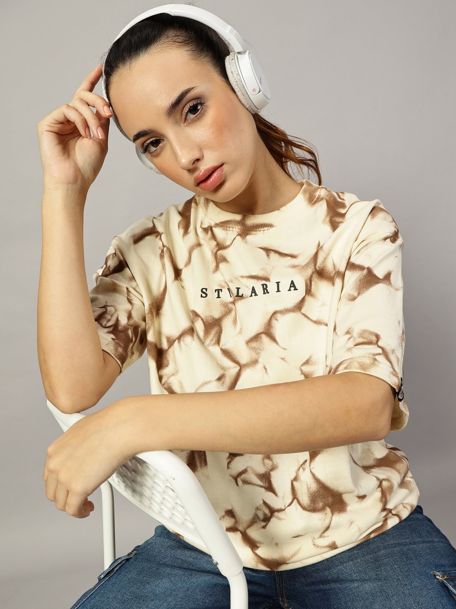 BEIGE OVERSIZED CRUSHED TEXTURE T-SHIRT - STYLARIA