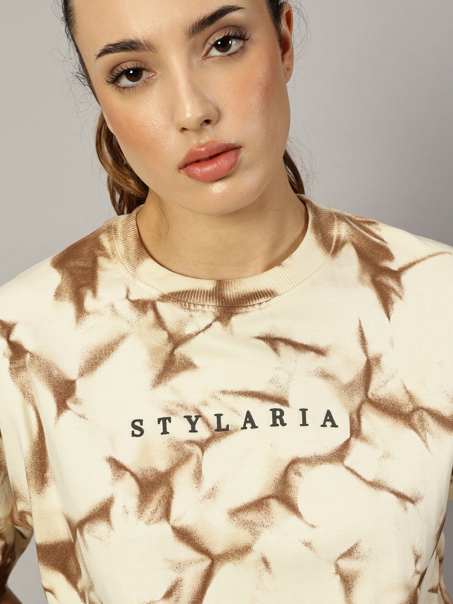 BEIGE OVERSIZED CRUSHED TEXTURE T-SHIRT - STYLARIA