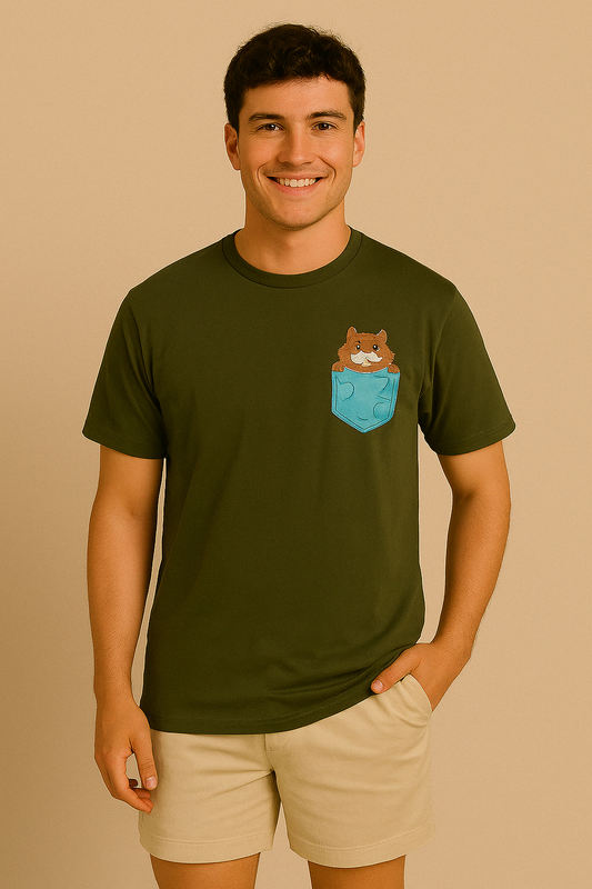 Men's Olive Green Pocket Cat T-Shirt